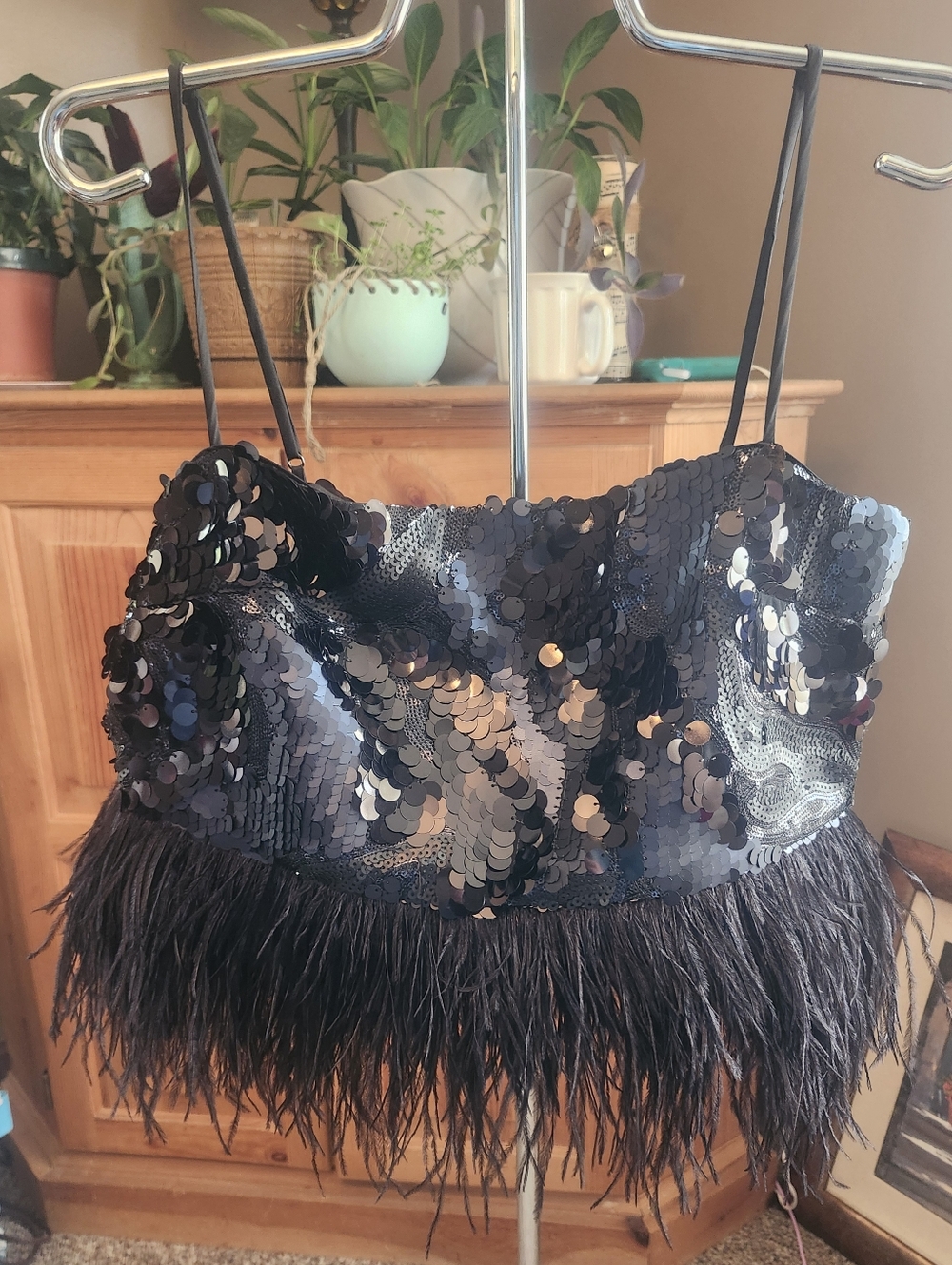 Ramy Brook Black Sequin Ostrich Feather Adjustable Spaghetti Strap "Stanley"